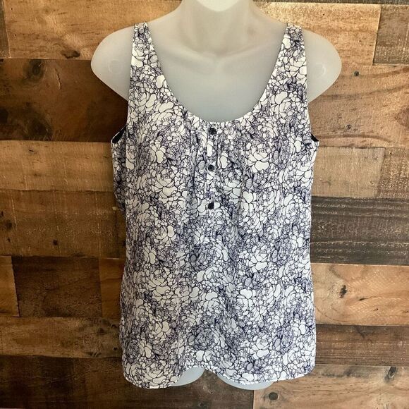 Loft Ann Taylor Blouse Tank Top Round Neck Blue White Lined 3 Button Front XS - Picture 12 of 12